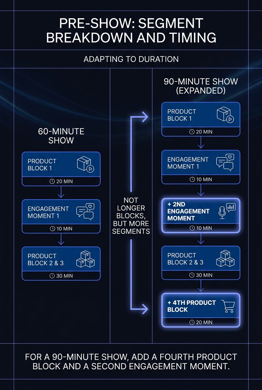 Infographic: Pre-Show: Segment Breakdown and Timing (How to Plan a TikTok Shop Live: TikTok Live Run of Show Template)