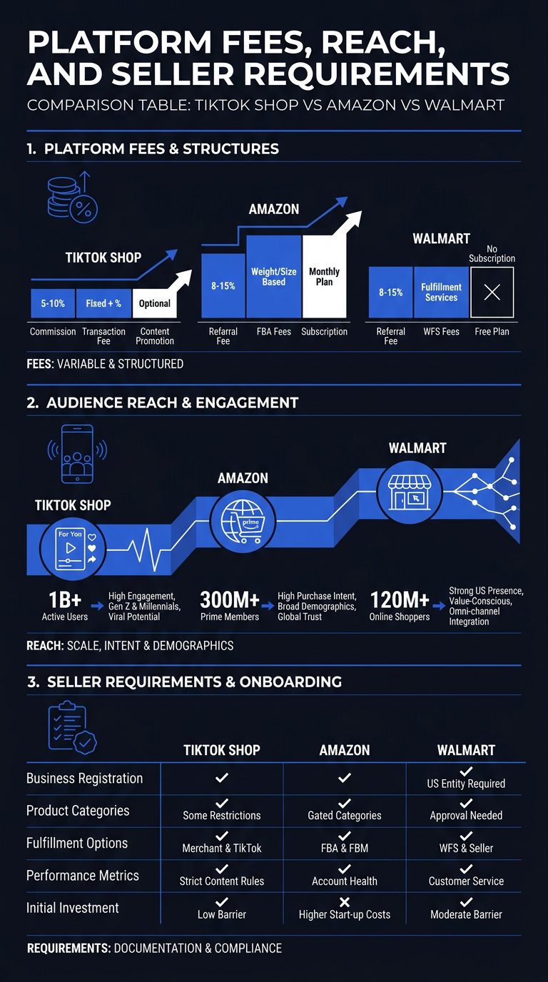 Infographic: Comparison Table: Platform Fees, Reach, and Seller Requirements (TikTok Shop vs Amazon vs Walmart: Where Should Your Brand Sell in 2026?)